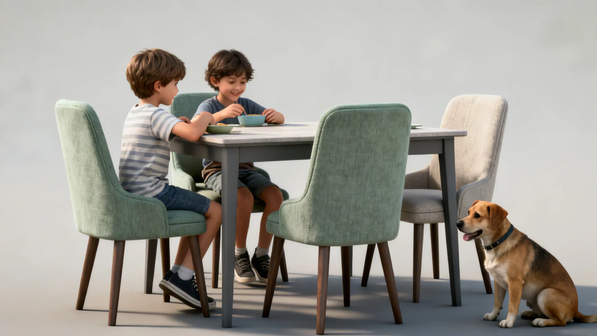 Family dining scene highlighting practical stain-resistant chairs in a small space.