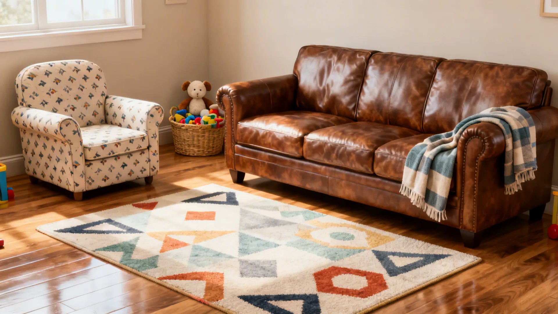 Family-friendly small living room with durable leather sofa and patterned stain-resistant fabric chair
