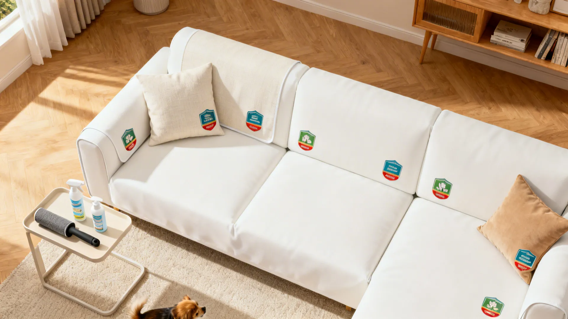 Top-down view of a white sofa with removable covers and family-friendly care items nearby