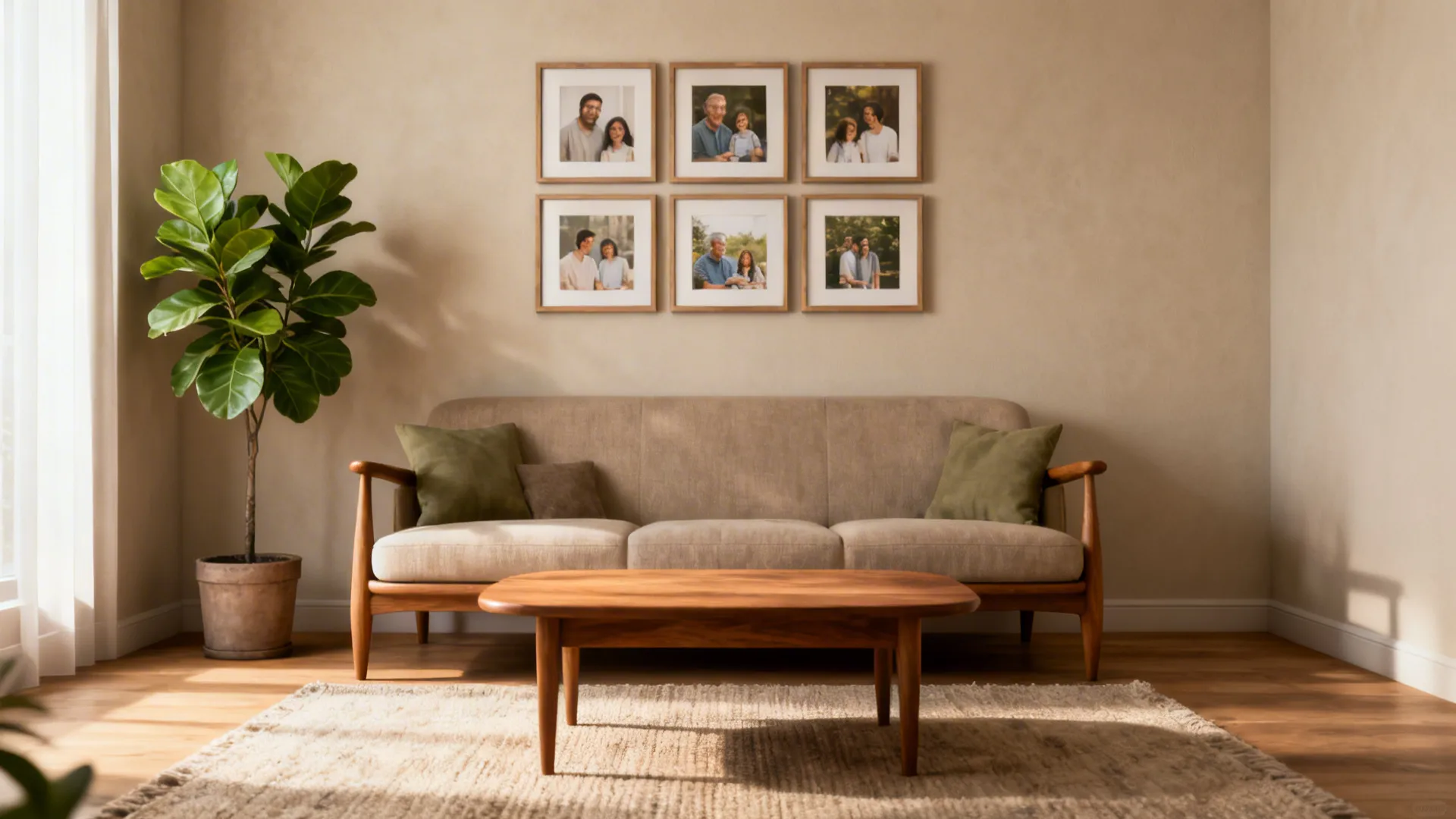 Beige sofa with green pillows and wooden coffee table with six framed pictures on wall