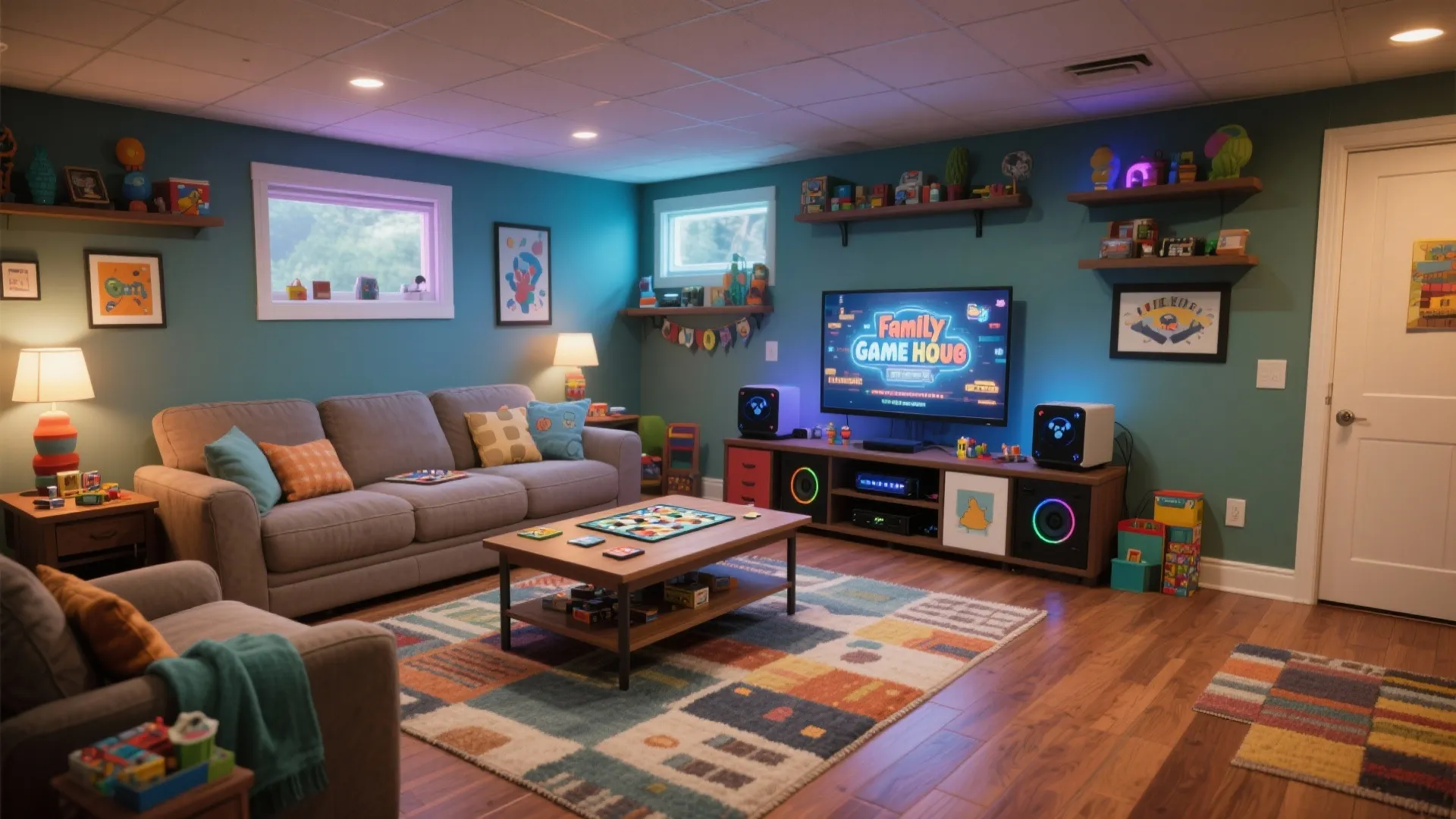 Basement family game hub with sofa, board games, and console