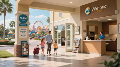 Family-Friendly Hotel Lobby with Amusement Park View