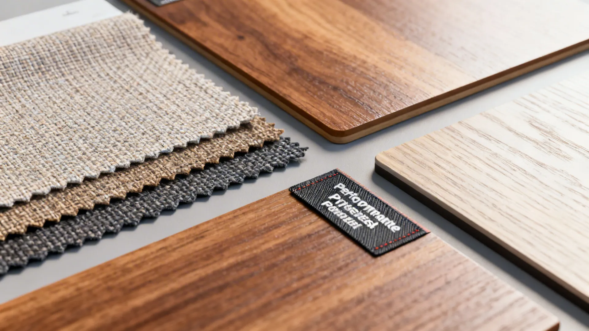 Material samples showing stain-resistant fabrics and wood finishes for family-friendly furniture.