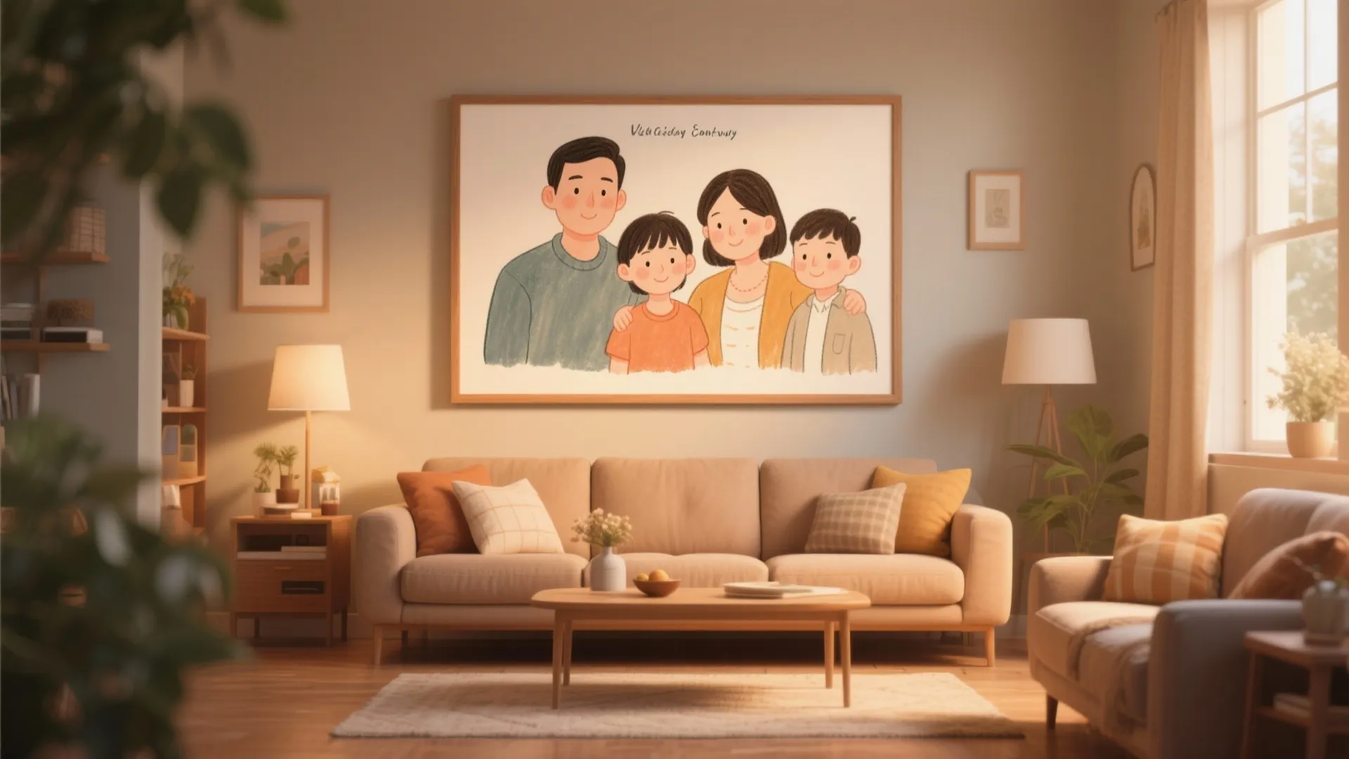 Living room with personalized family portrait illustration on canvas