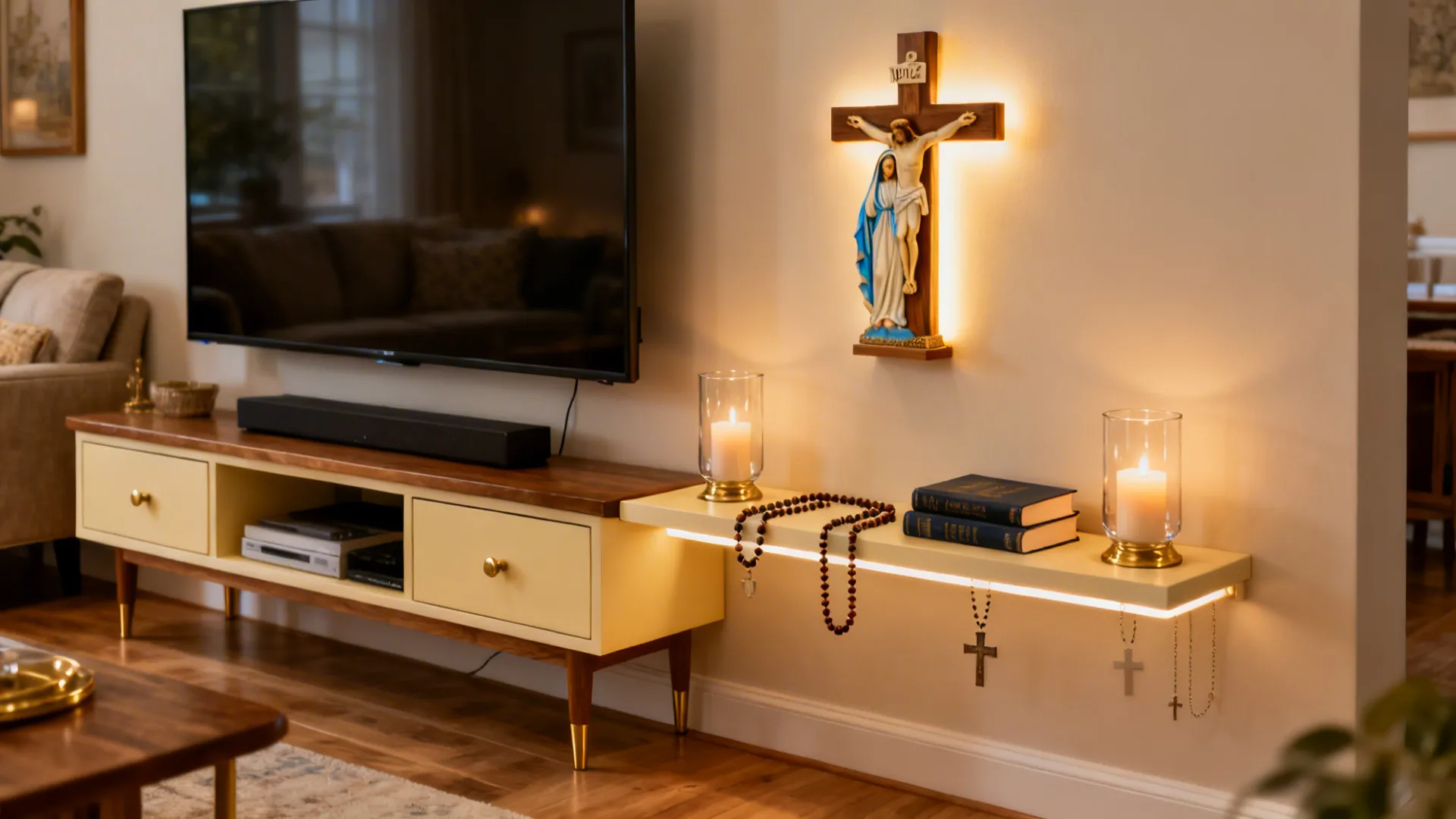 Narrow console with wall crucifix, candles, and rosaries in a family living room.