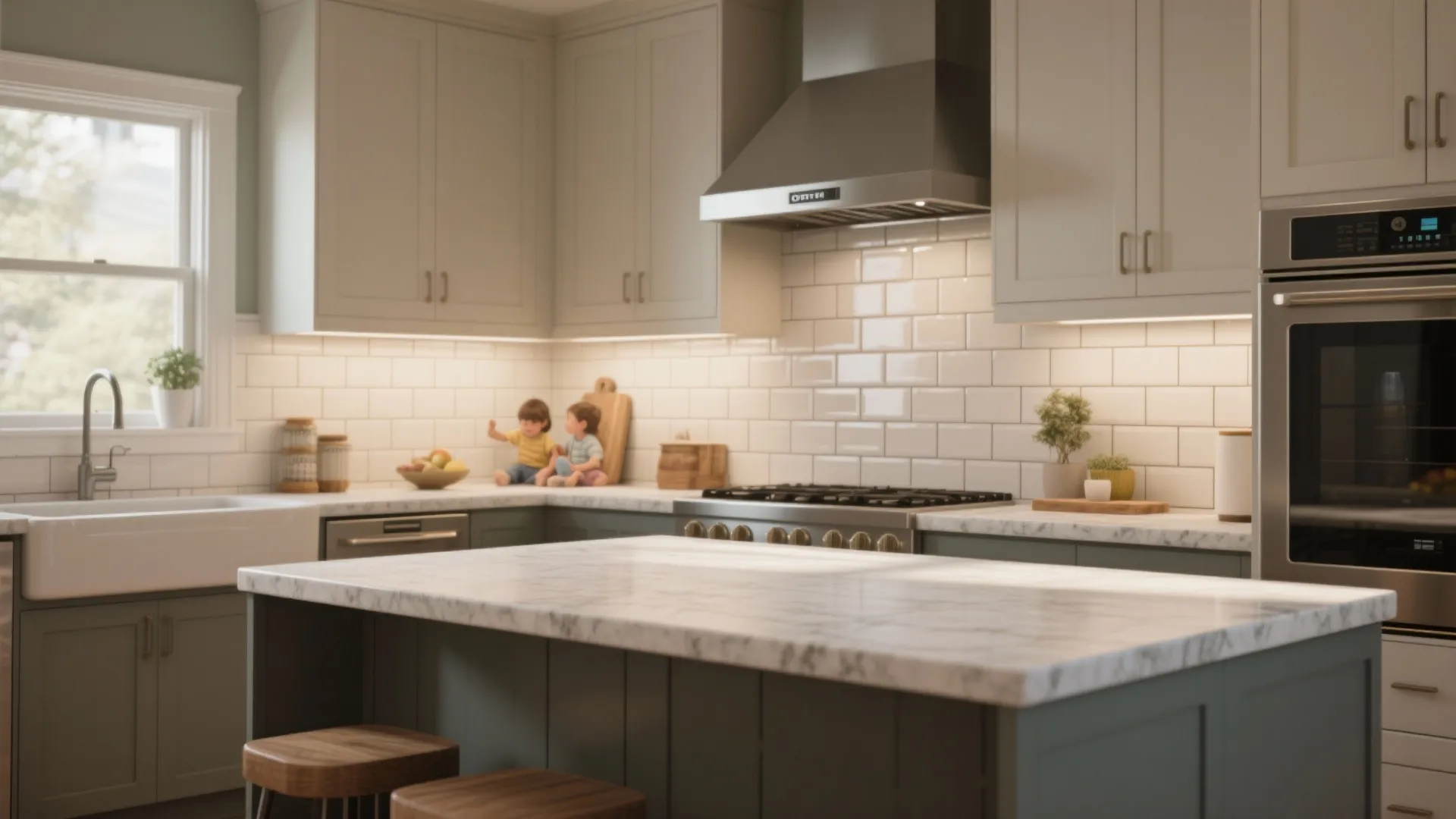 5. Easy-care quartz with simple subway tile for families