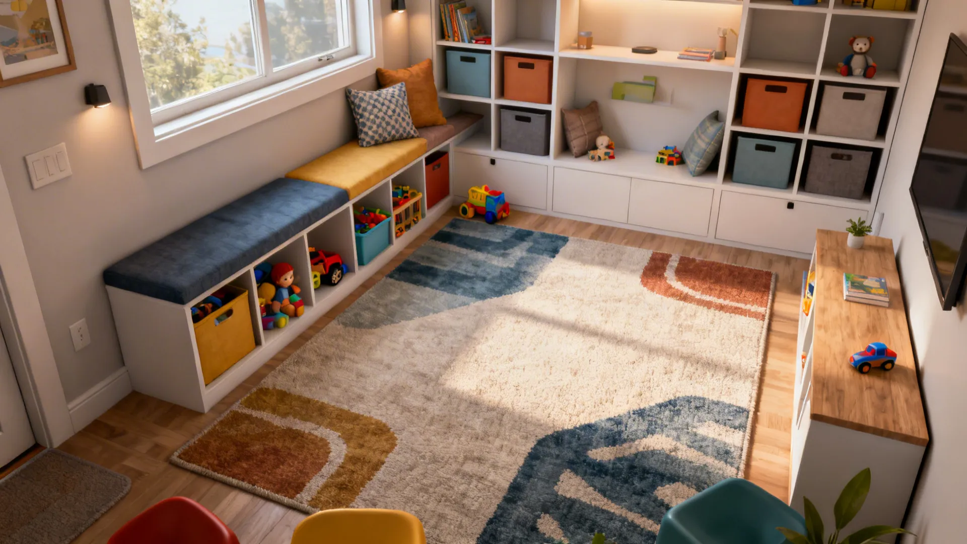 Compact family room with built-in cubbies, washable rug and flexible seating