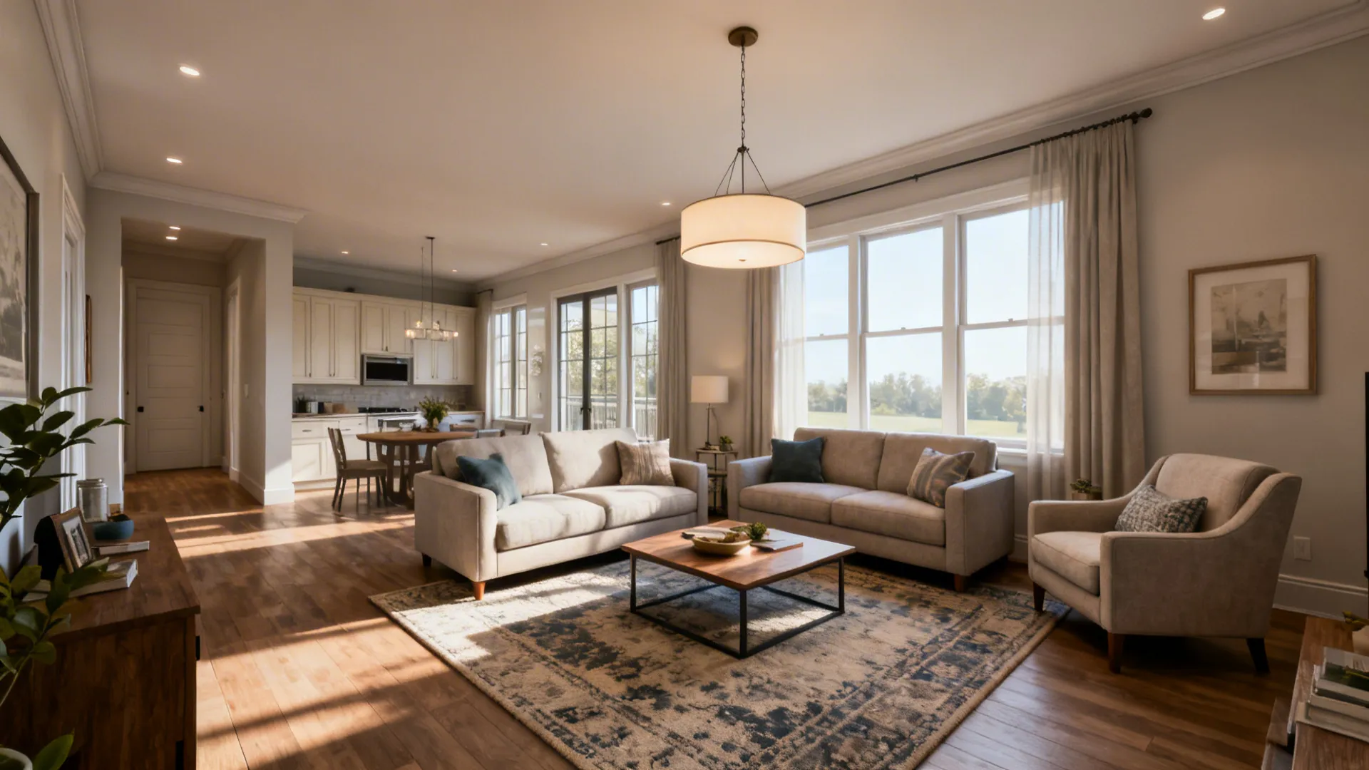 Standard family living room with three-seat sofa, armchair and rug defining seating area.