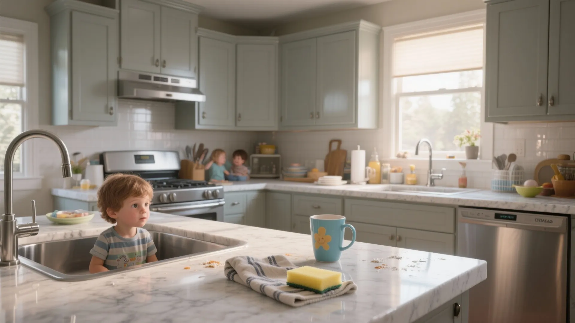 Modern kitchen with green cabinets marble countertop kitchen island and small child standing by sink