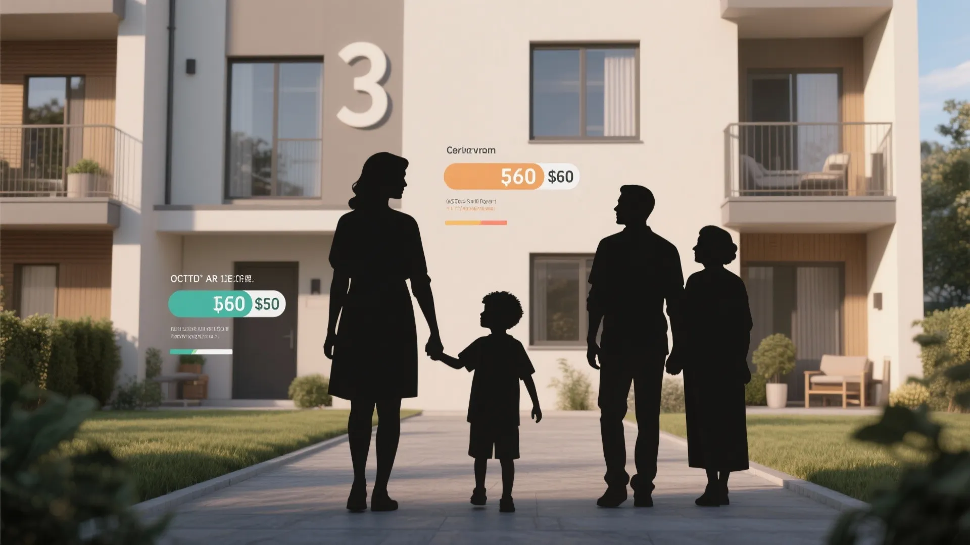 Different family types in front of a 3-bedroom building illustrating how family size and income change voucher amounts.