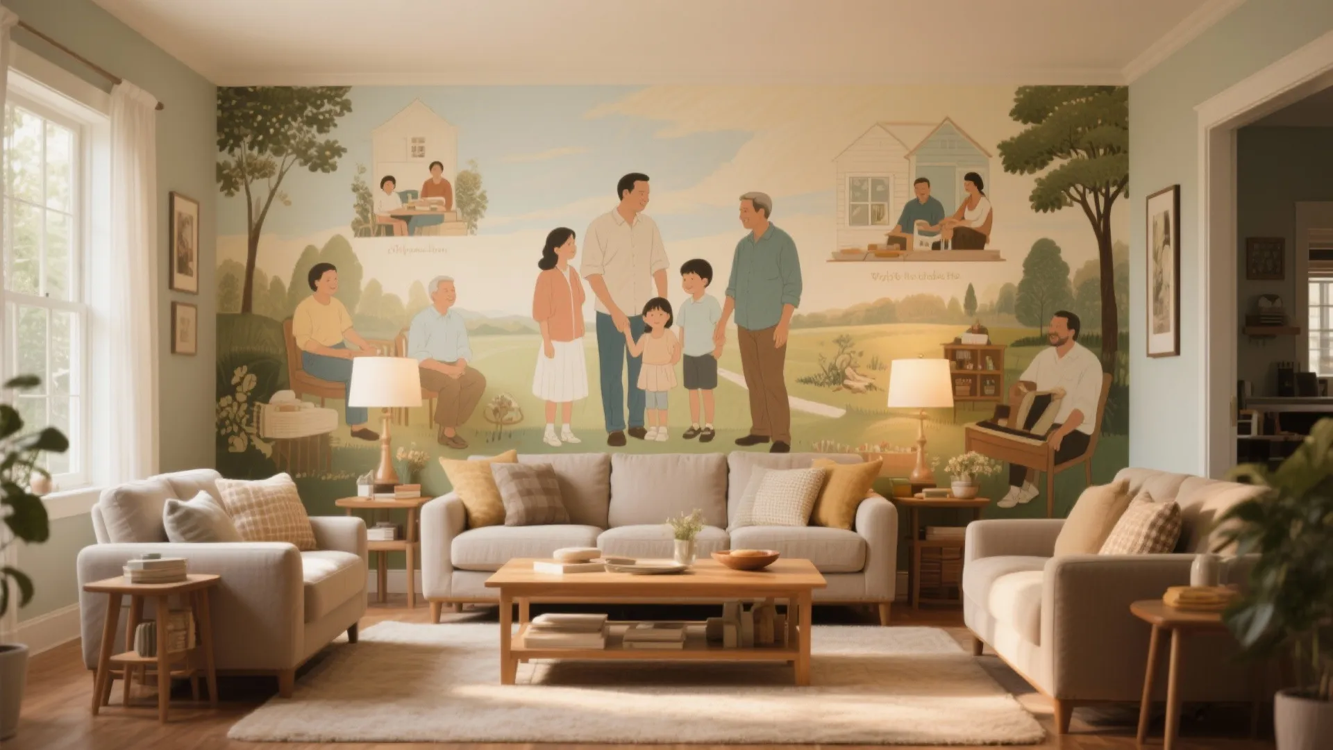 Living room with a personalized mural of family memories