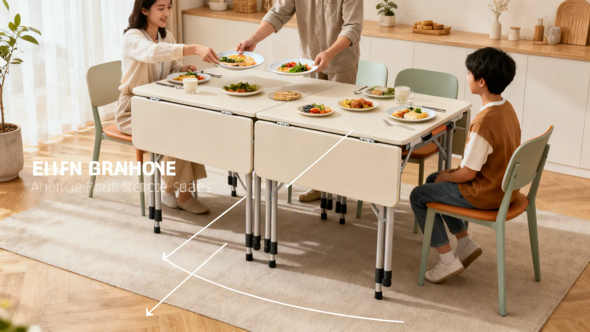 Compact dining nook with foldable table, serving hands in motion and clear product visibility.