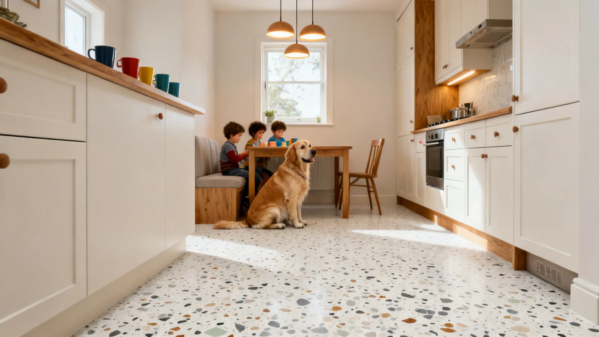 Compact family kitchen with mid-tone terrazzo floor, soft white cabinets, oak accents, and warm lighting.