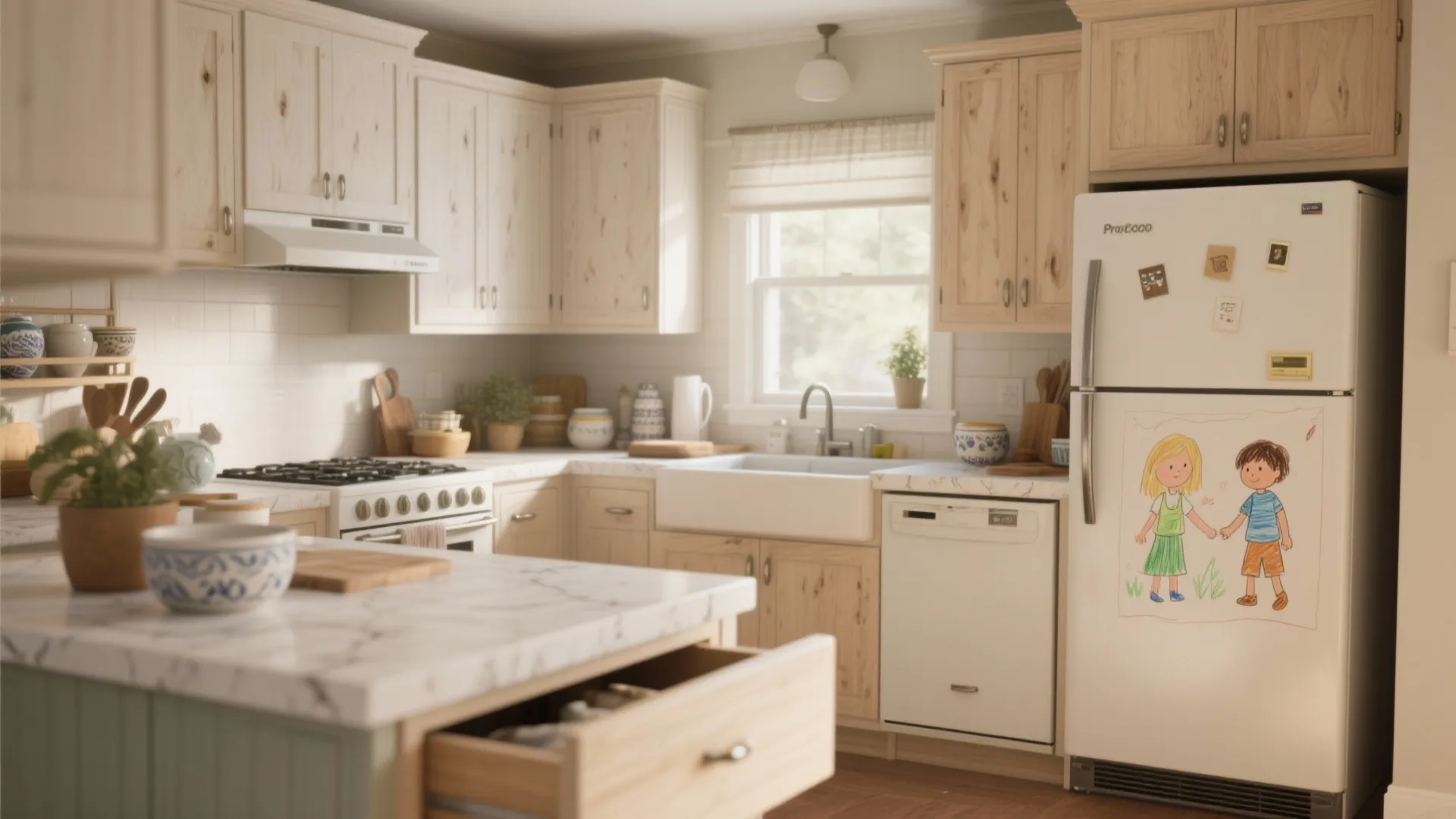 Family kitchen featuring durable white oak cabinets in everyday use