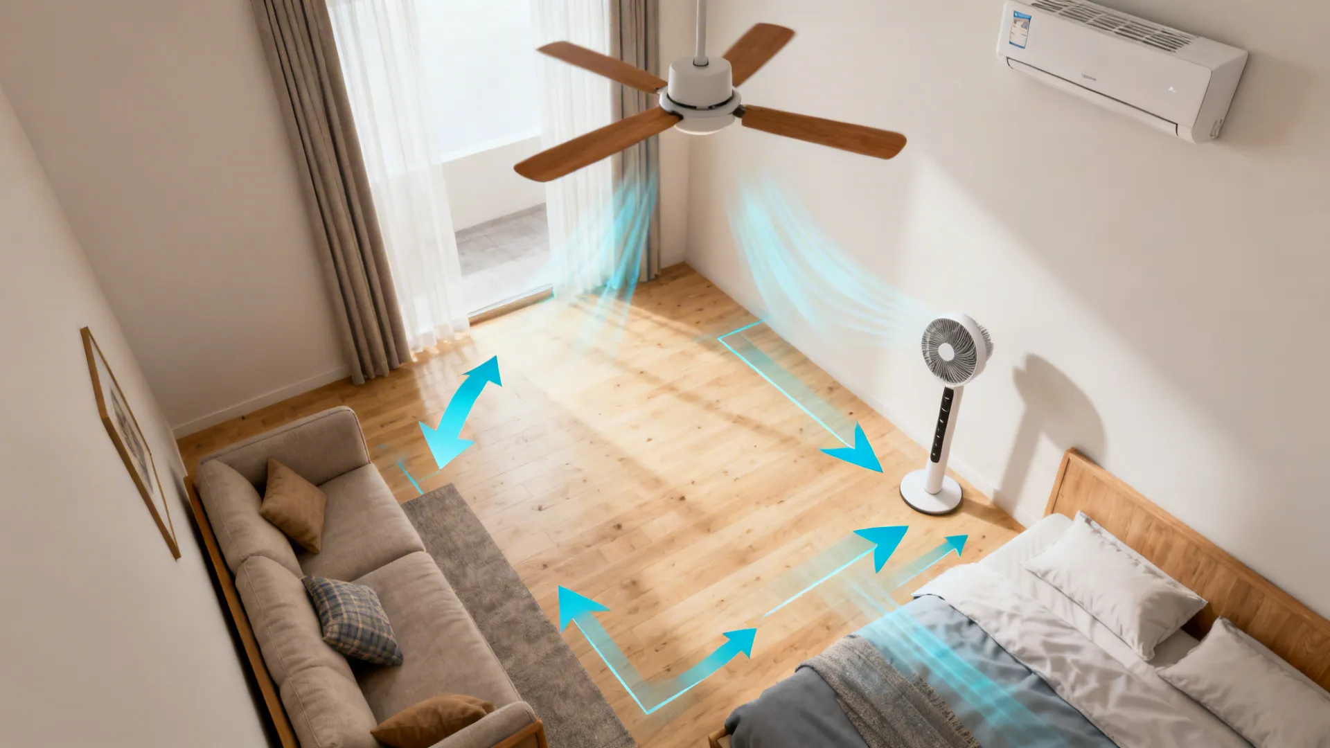 Top-down view showing airflow paths from fans and mini-split in a small room layout.