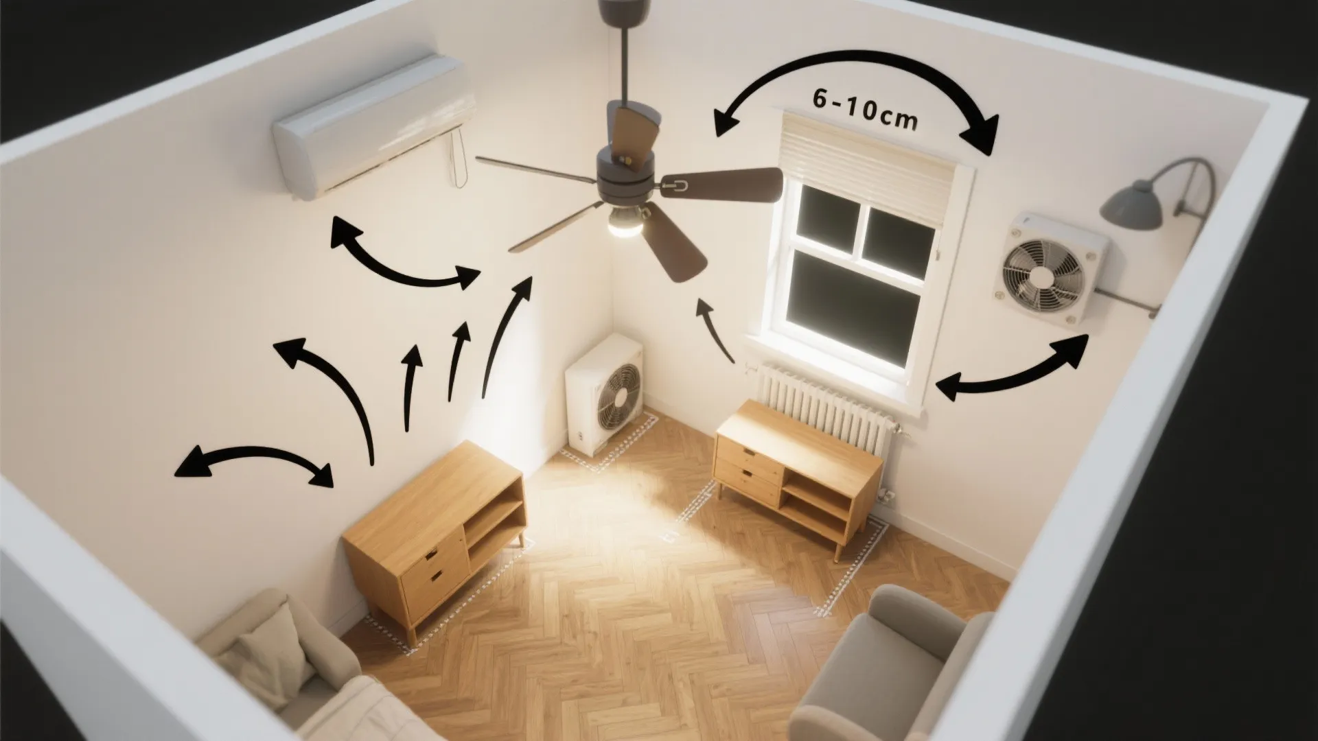 Room interior design drawing showing air circulation from a ceiling fan, wall unit, and open windows