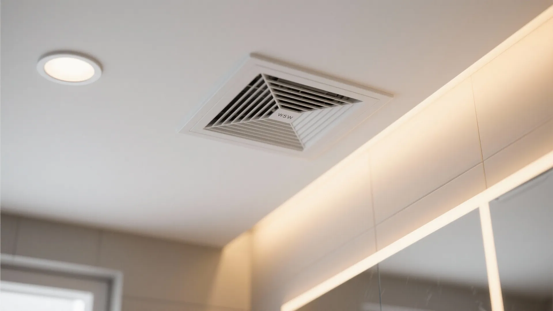 Close up of a white ceiling vent with a round recessed light and mirror lighting