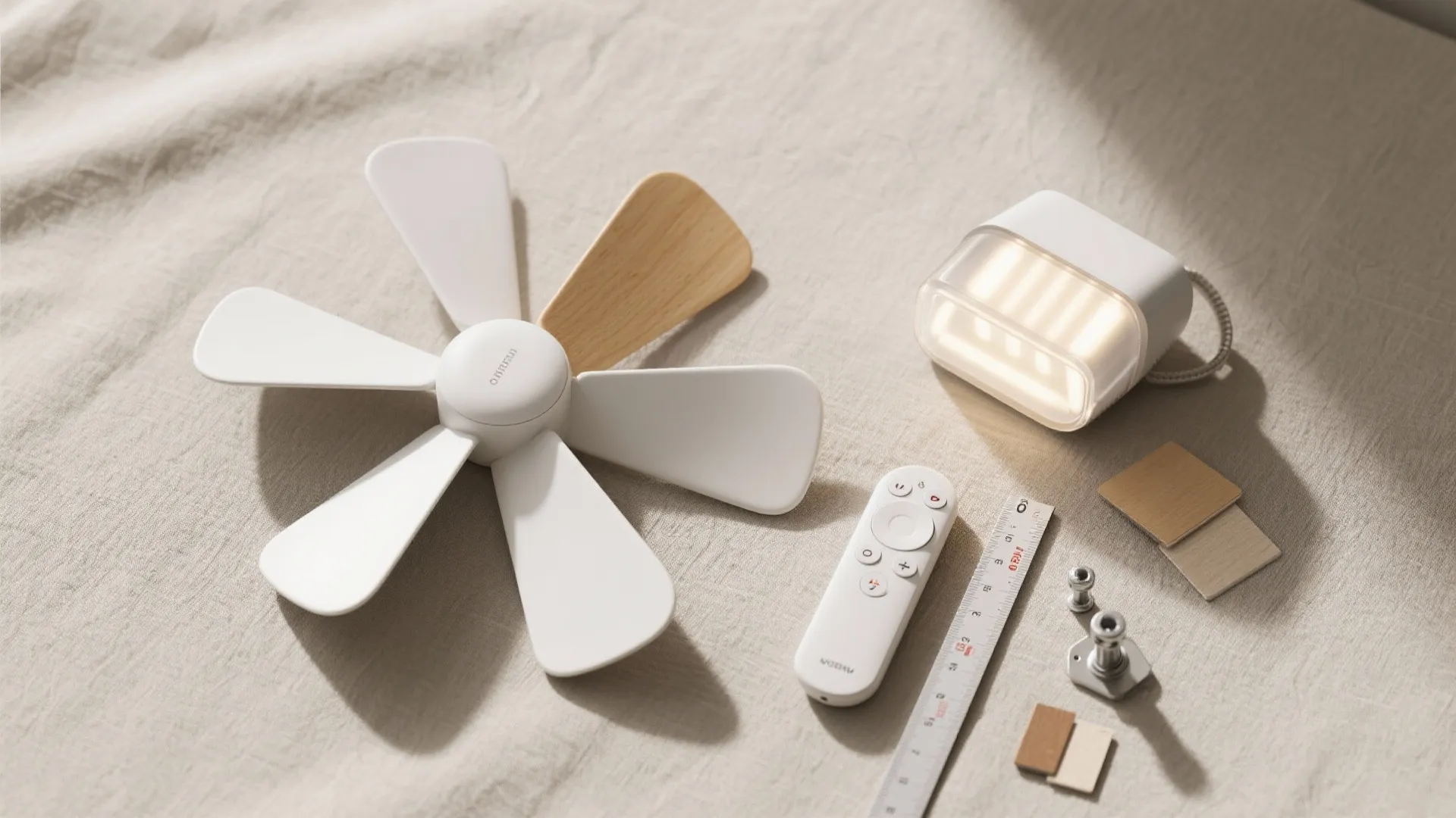 Flat lay of ceiling fan parts including blades remote control light ruler and wood samples