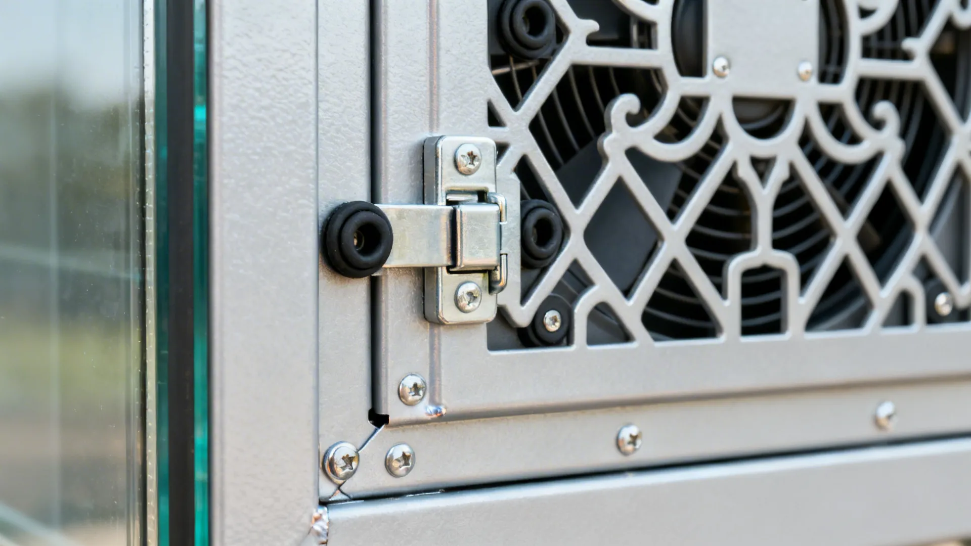 Macro of removable fan cassette latch on an MS grille with rubber grommets and smooth coating.