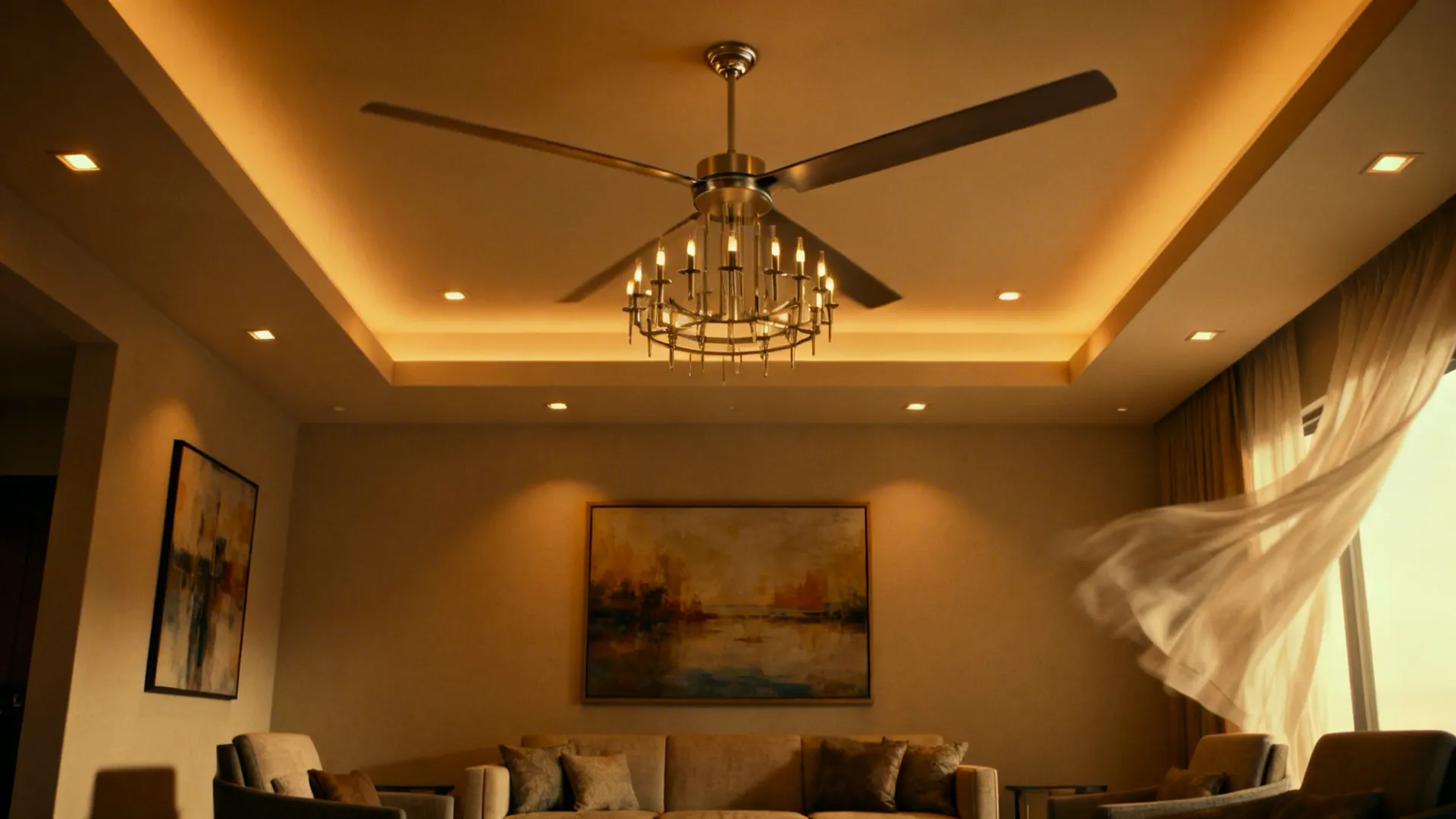 Spacious living room with an oversized ceiling fan and layered recessed lighting, curtains showing gentle airflow.