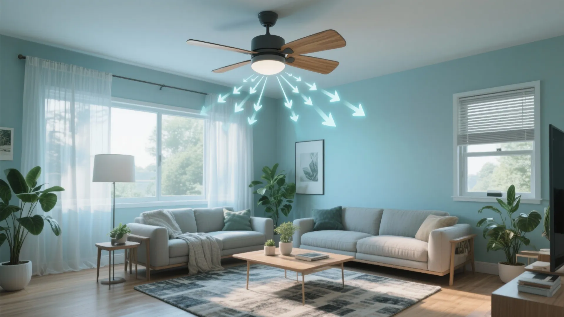 Modern living room with blue walls wooden ceiling light fan floor lamps and grey sofa