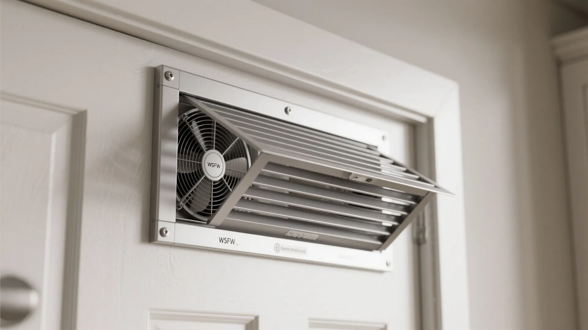 Close up view of a silver ventilation fan and metal wall vent on a white wall