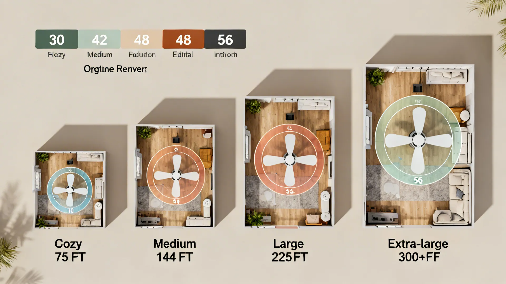 Top-down infographic of room templates with overlaid fan diameter circles to show recommended fan sizes