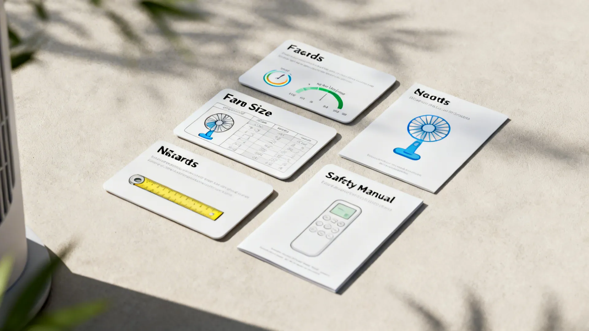 FAQ cards and icons illustrating measurement, noise, smart controls and safety guidance for ceiling fans.