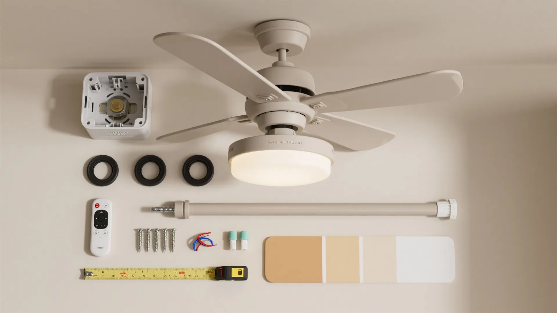 A ceiling fan with light fixture surrounded by installation tools screws and a remote control