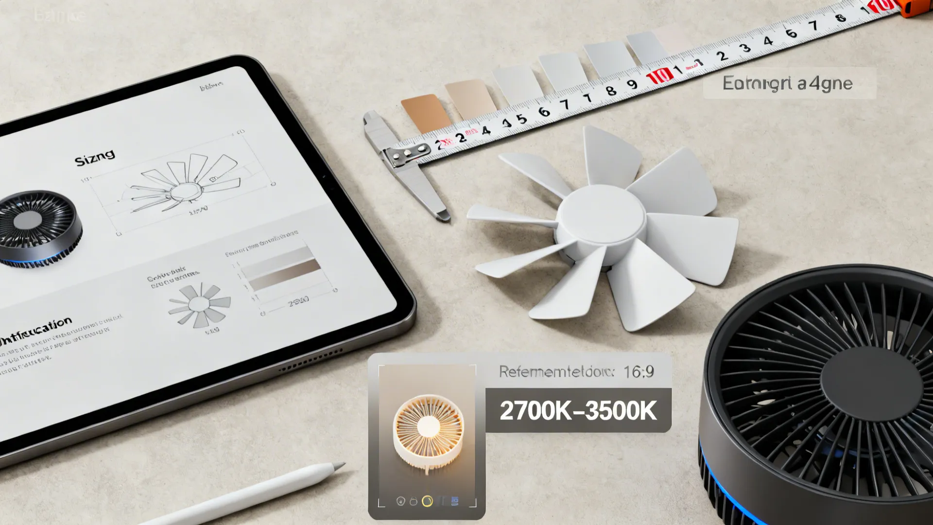 Tablet and measuring tools illustrating ceiling fan sizing, color temperature and planning tips for FAQs.