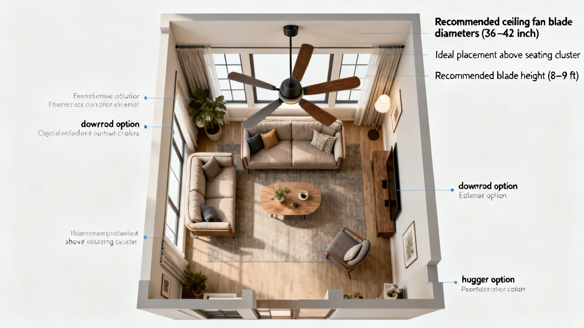 Top-down floor plan showing fan blade size and placement recommendations for small living rooms.