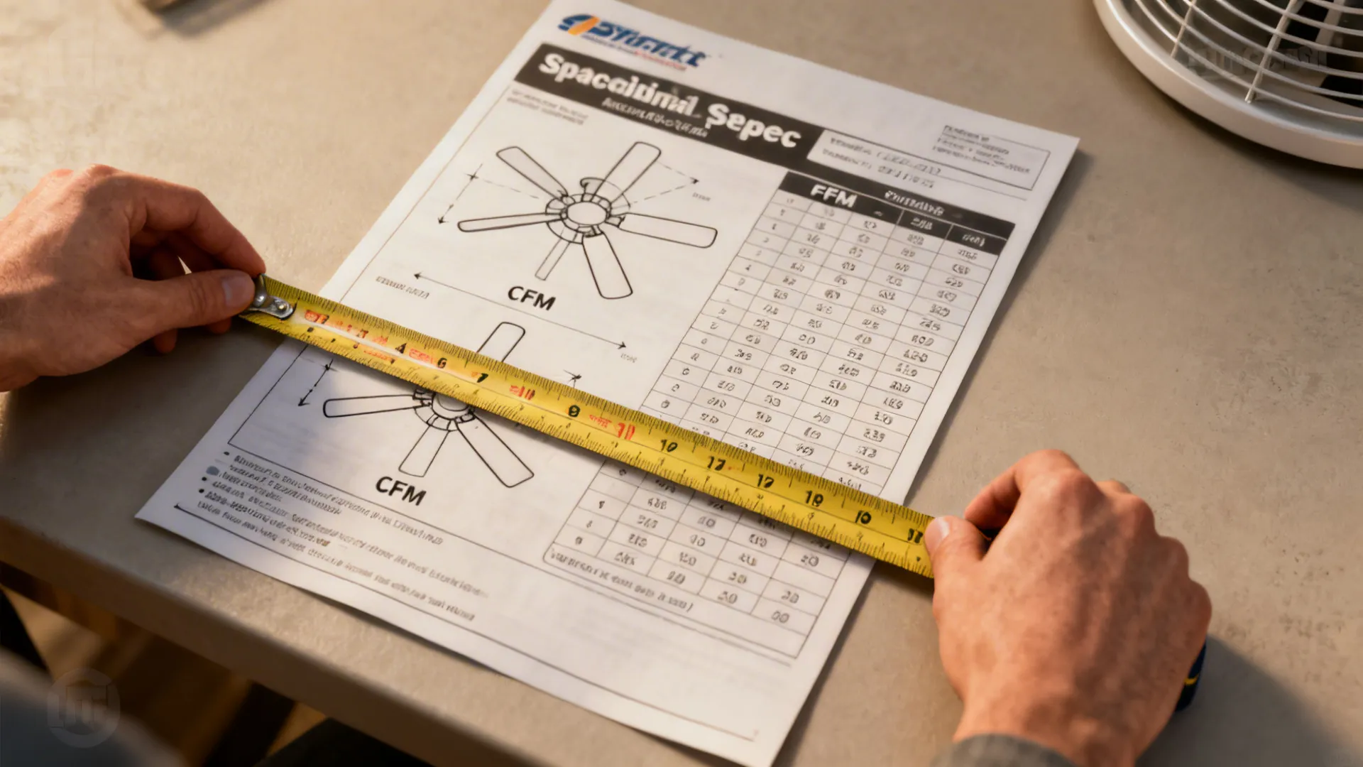 Hands using a yellow measuring tape to check dimensions on a ceiling fan technical specification sheet