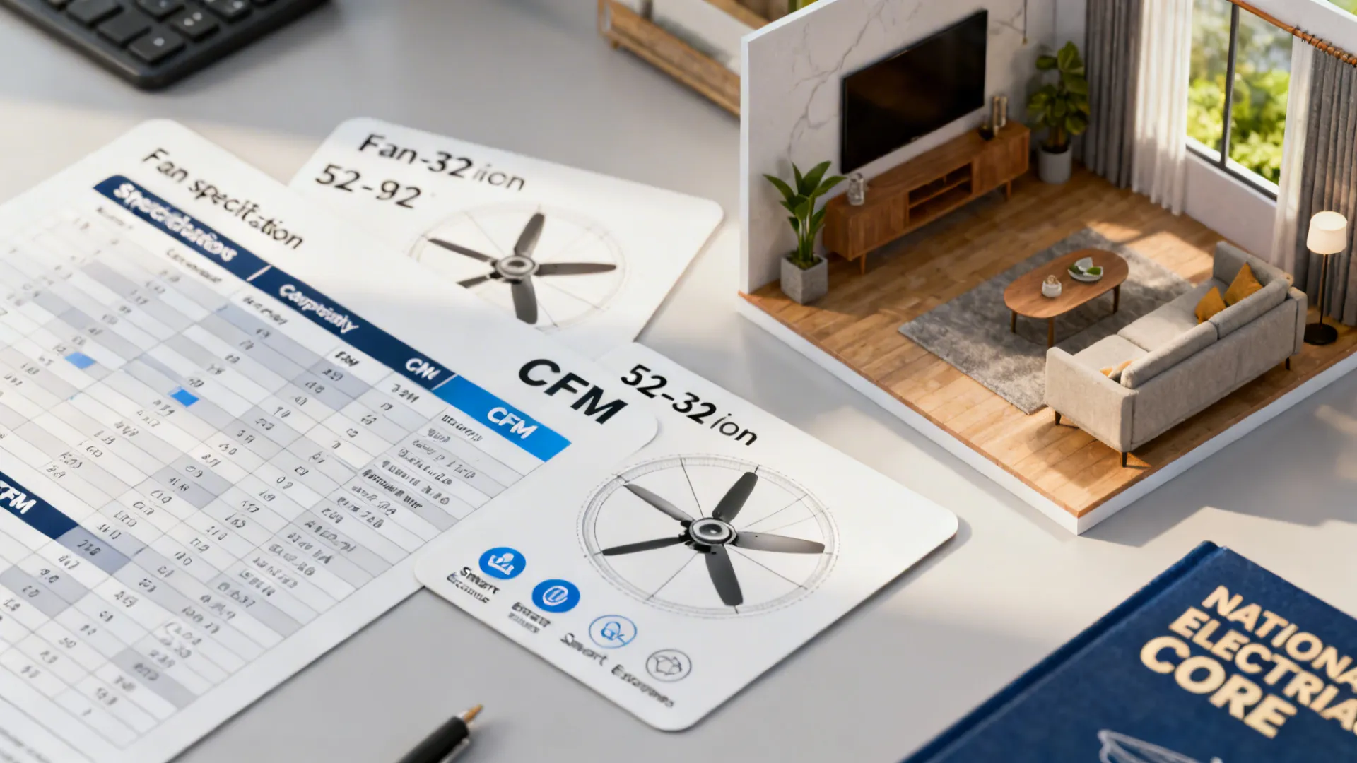 Desk with fan specification cards, CFM chart, and NEC reference book illustrating FAQ topics about fan size and compatibility.