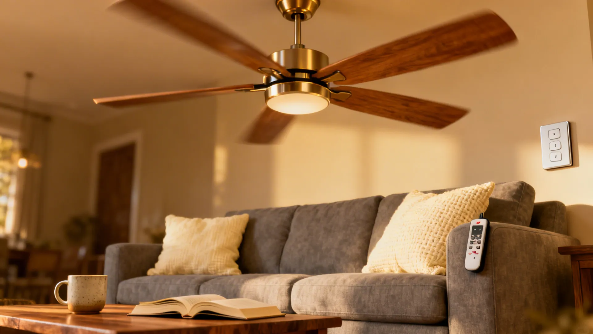 Living room showing a large ceiling fan running, a smart switch and comfortable seating for FAQ illustration.