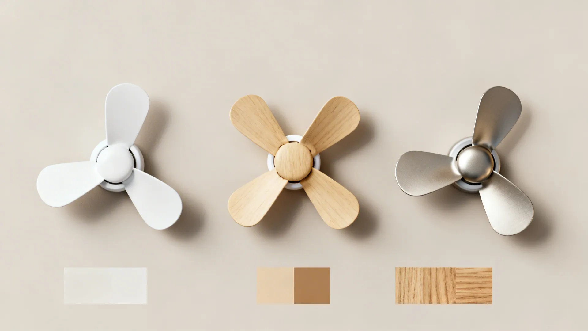 Flatlay of three small fan finish options: matte white, light wood, and subtle metallic with material swatches.