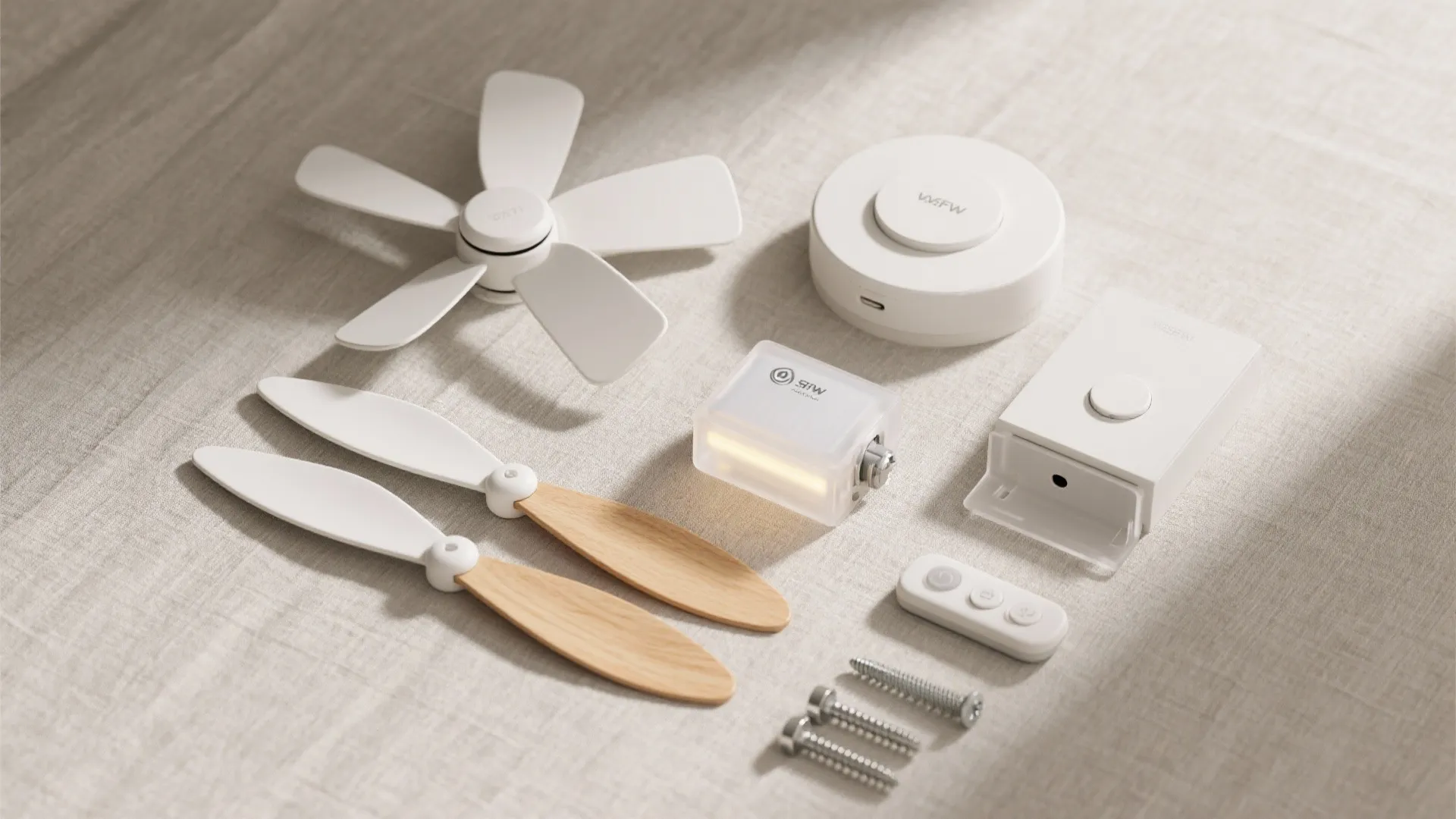 Various ceiling light fan parts including blades and remote control displayed on a grey fabric