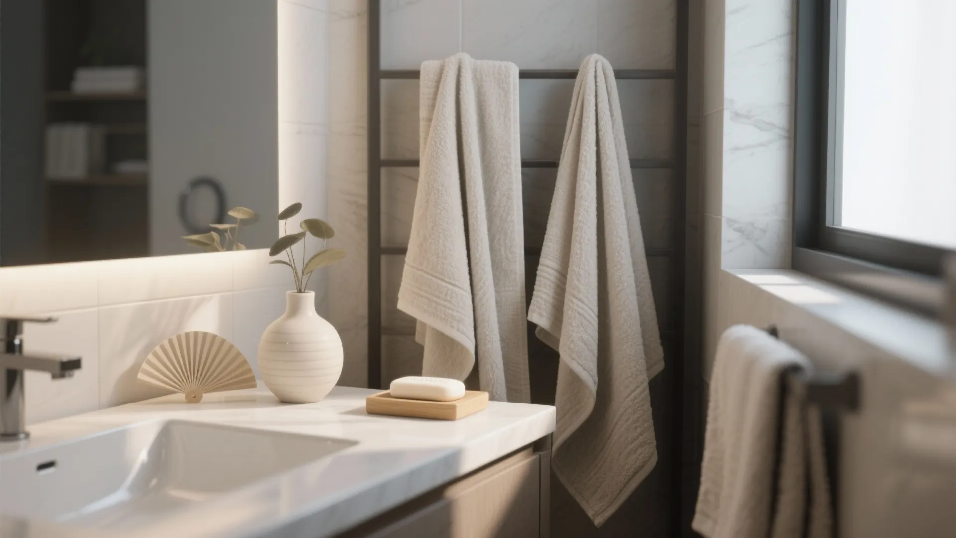 Modern bathroom with towels on rack white vase with leaves and soap on marble counter
