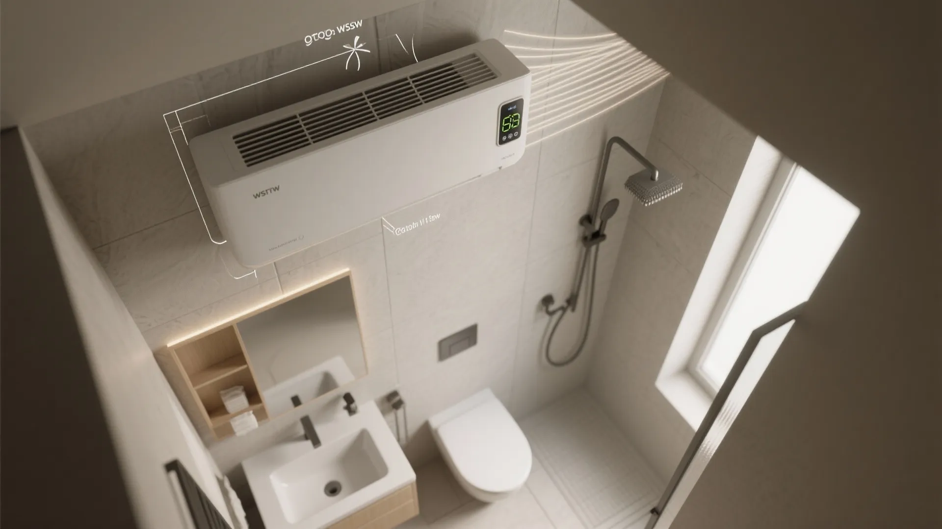 Top down bathroom layout showing sink toilet shower and white wall mounted heater with screen
