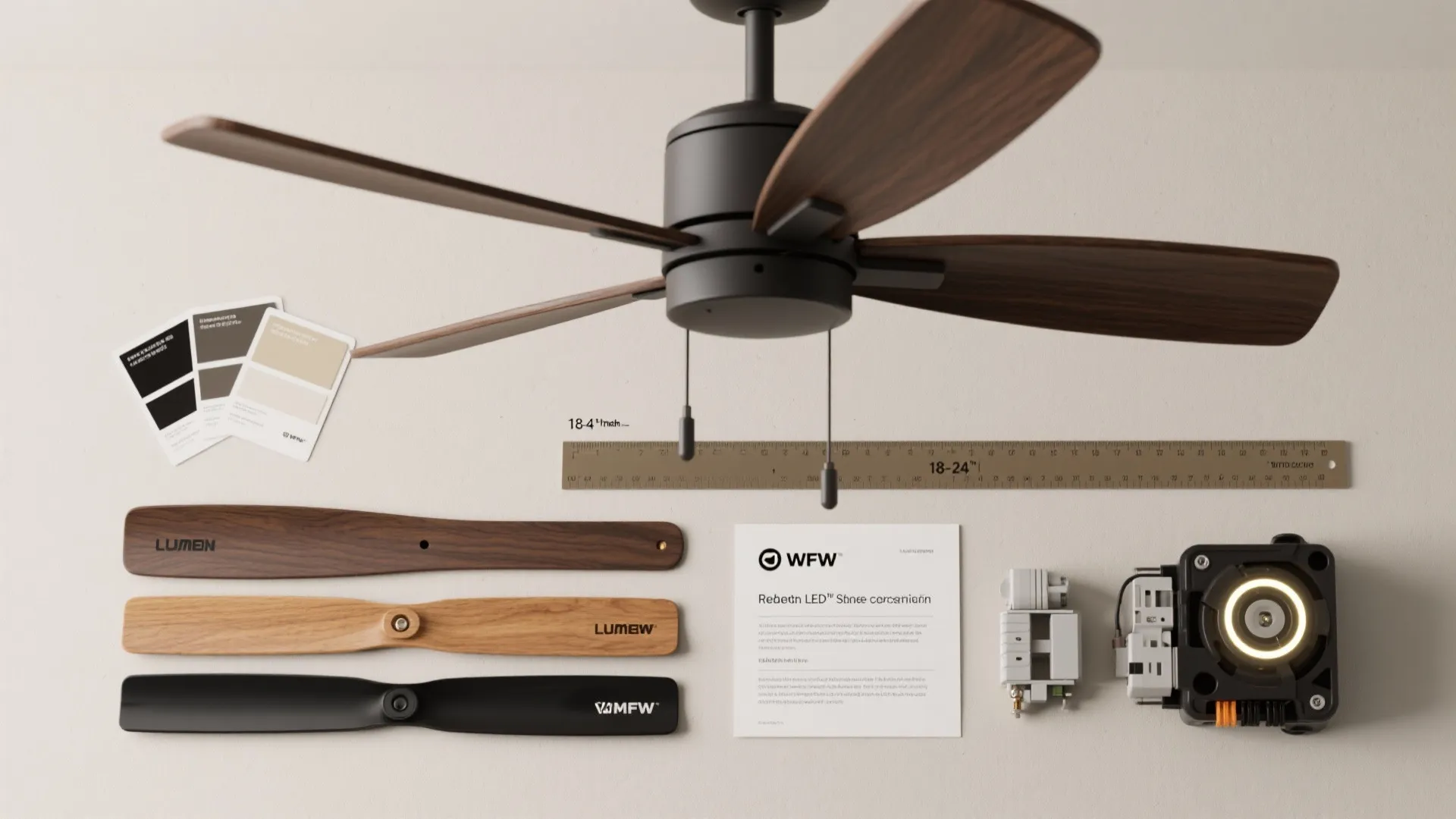 Flatlay showing fan blade finishes, lumen swatches, and measurement ruler for installation tips