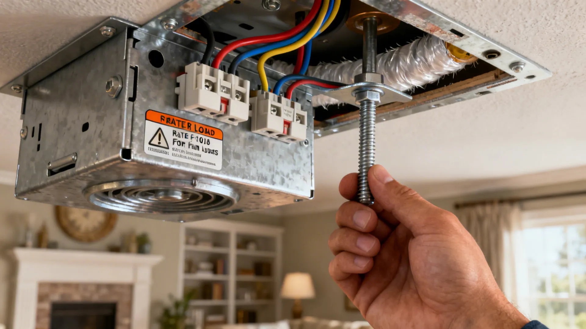 Hand installing a long metal screw into a ceiling light fixture with colorful power wires