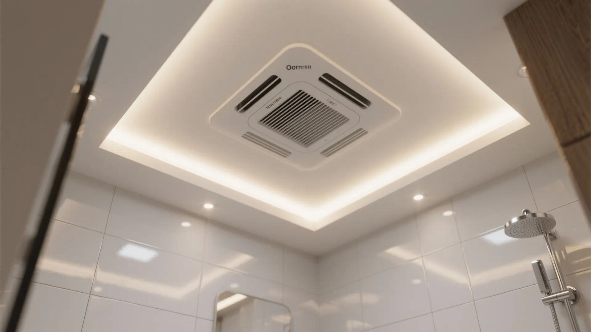 Modern white bathroom ceiling with built-in air fan, bright strip lighting, and chrome shower head