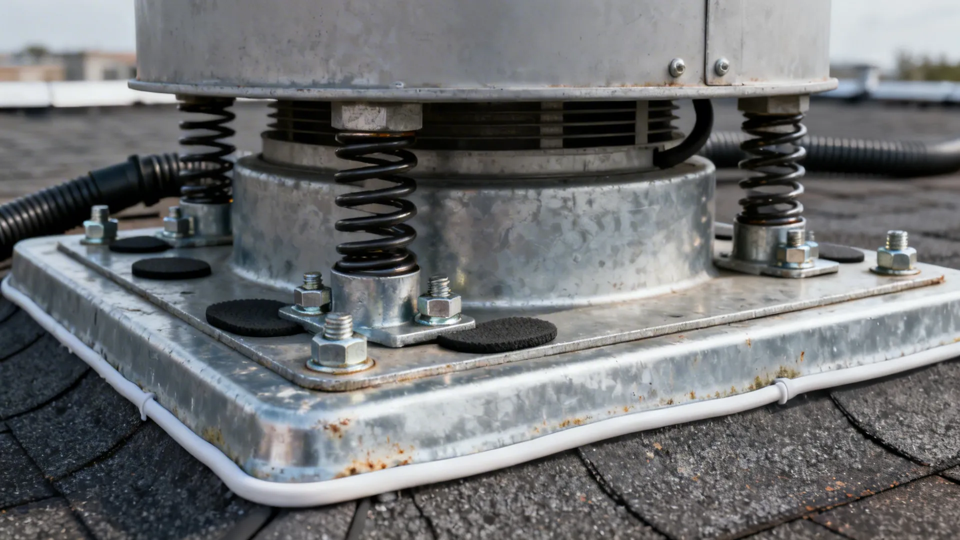 Close-up of spring isolators and flexible connectors on a rooftop exhaust fan curb.