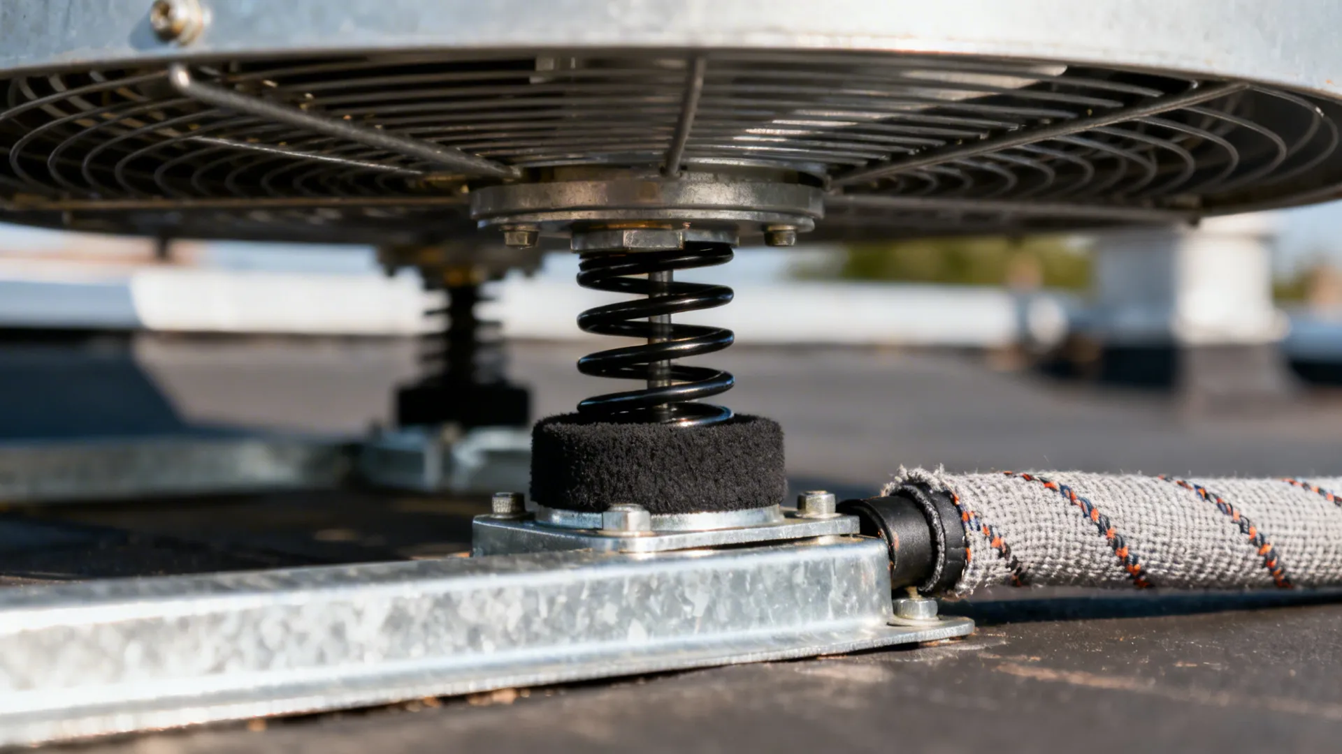 Macro of rooftop fan vibration isolation mount and flexible connector detail.