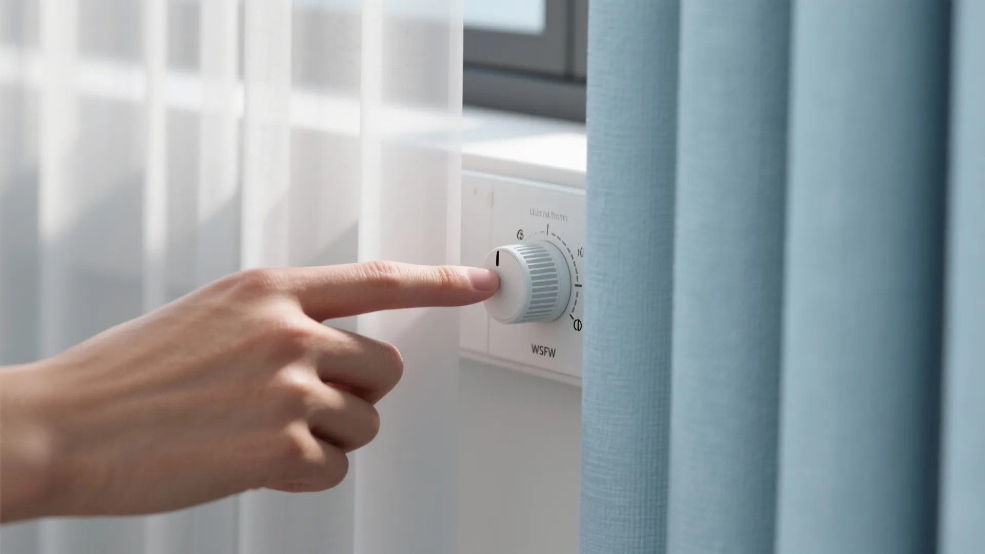 Close up of a hand adjusting a white dial on the wall next to blue curtains