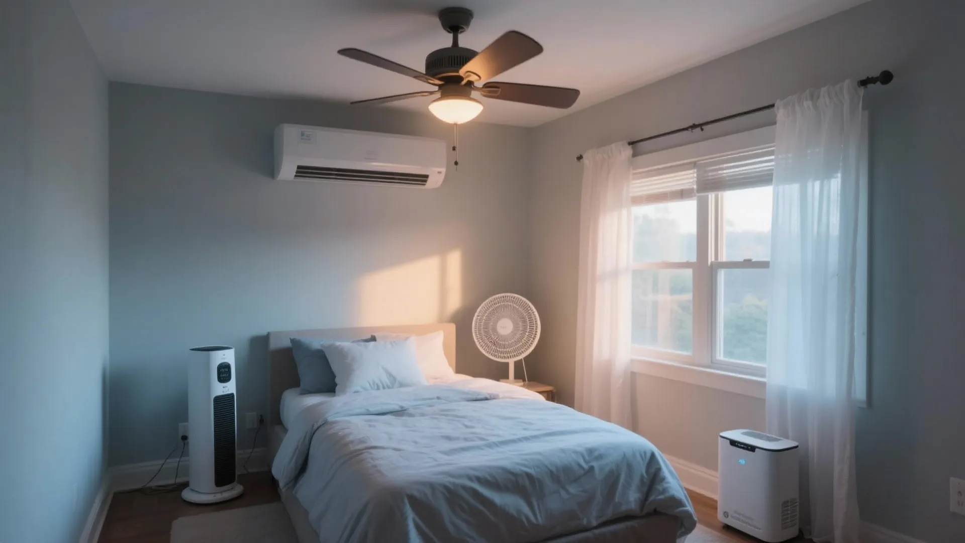 Modern blue bedroom with ceiling light fan and air conditioner unit above a grey bed