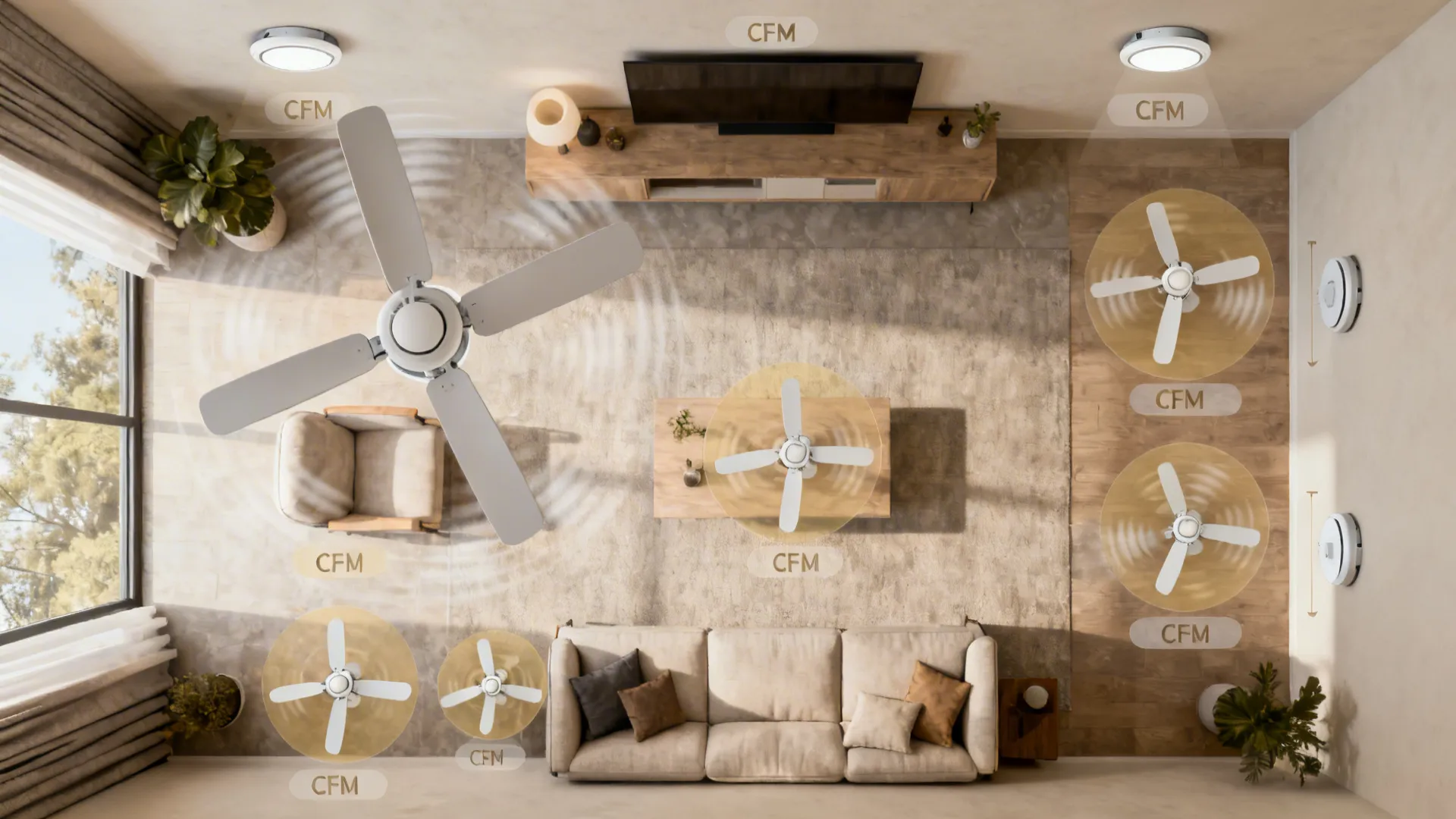 Top-down floor plan mockup showing ceiling fan placement options and airflow coverage in a living room.