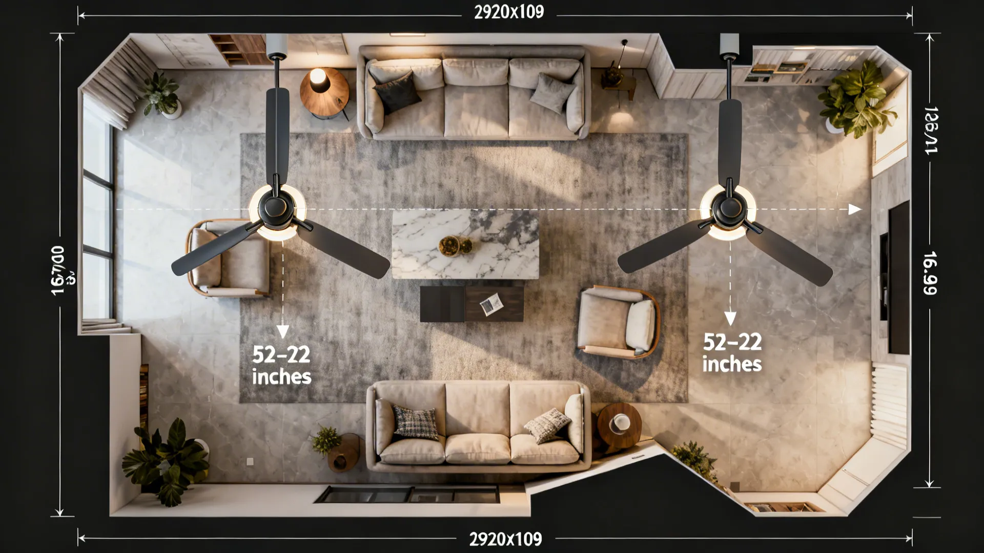 Top-down living room plan illustrating optimal fan placement, seating layout and recommended blade spans.