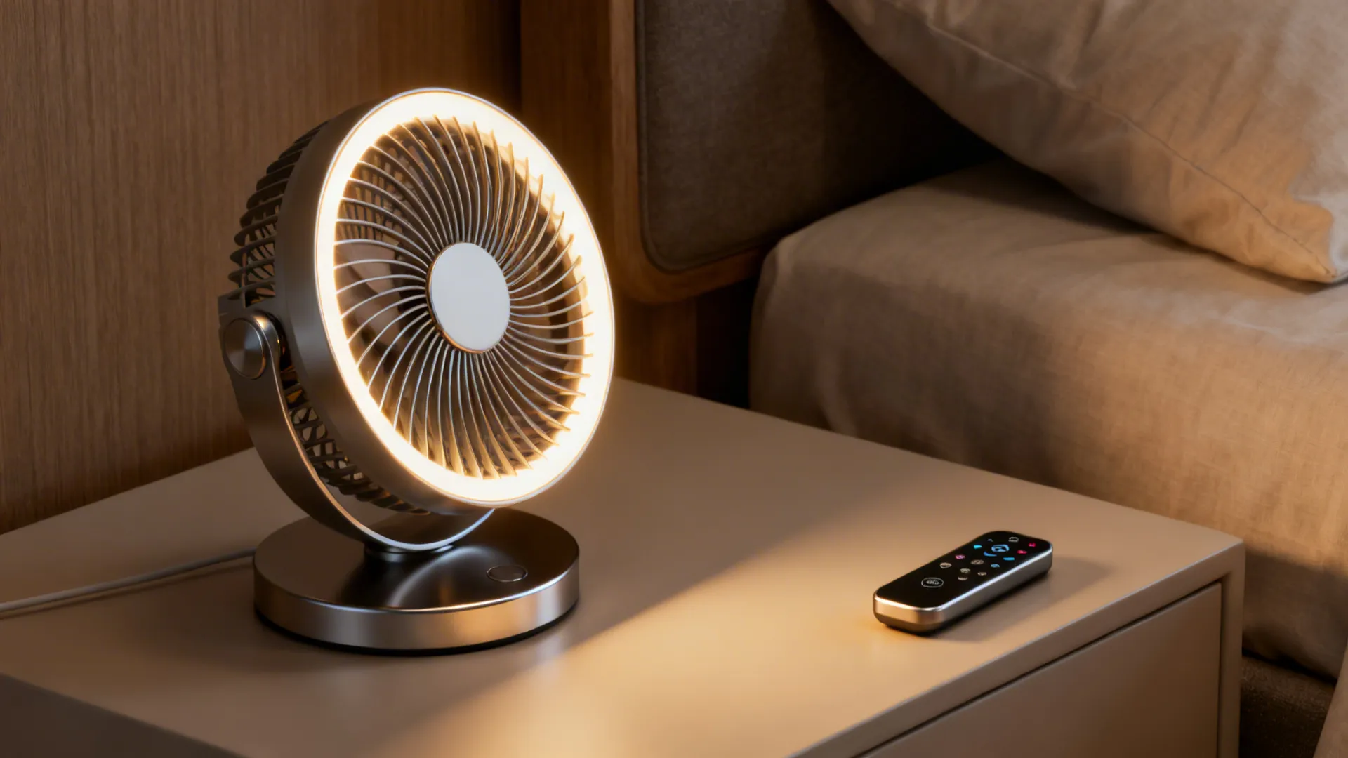 Small silver desk fan with a light ring on a cabinet near a bed and remote
