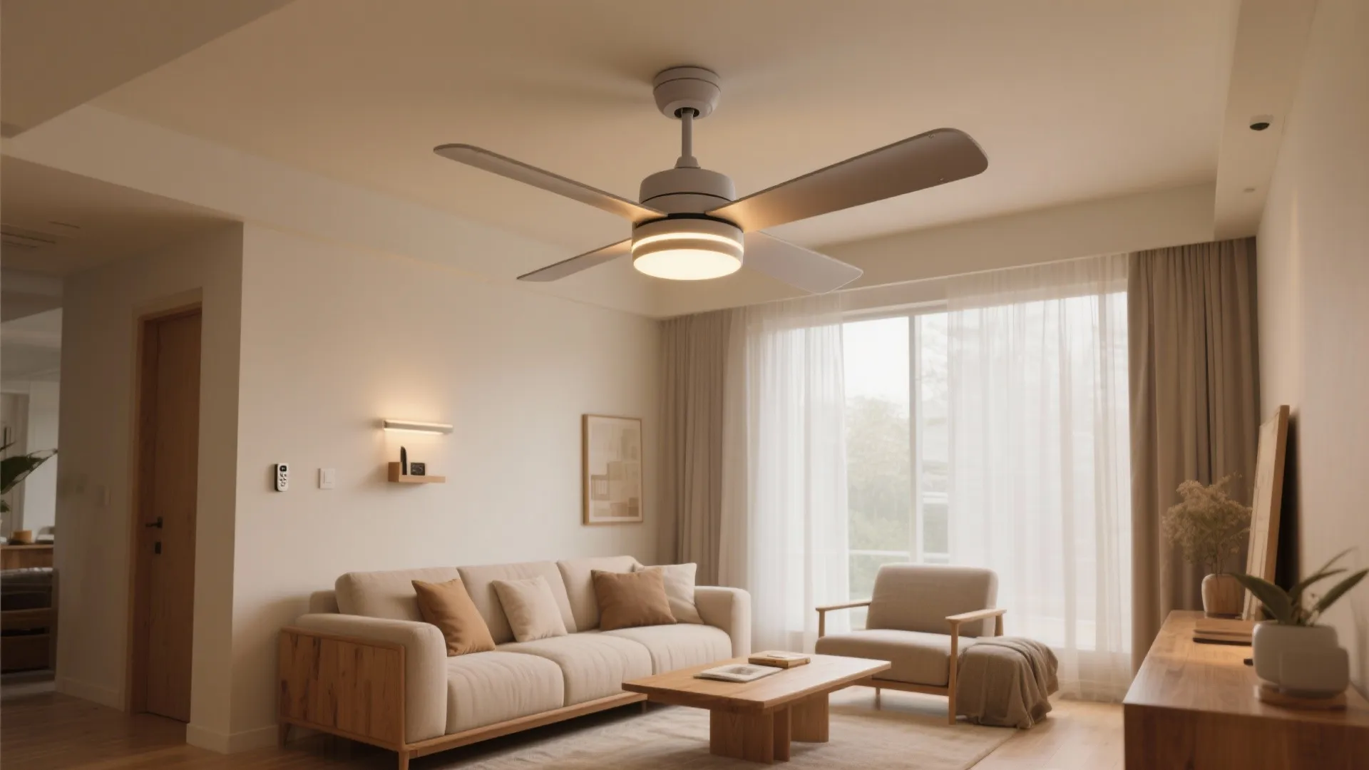 Warm minimalist living room with wooden furniture and a ceiling fan with an integrated light