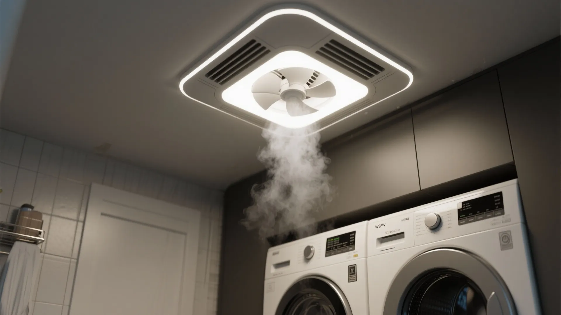 Modern white square ceiling light with built-in fan blowing steam above two laundry washing machines